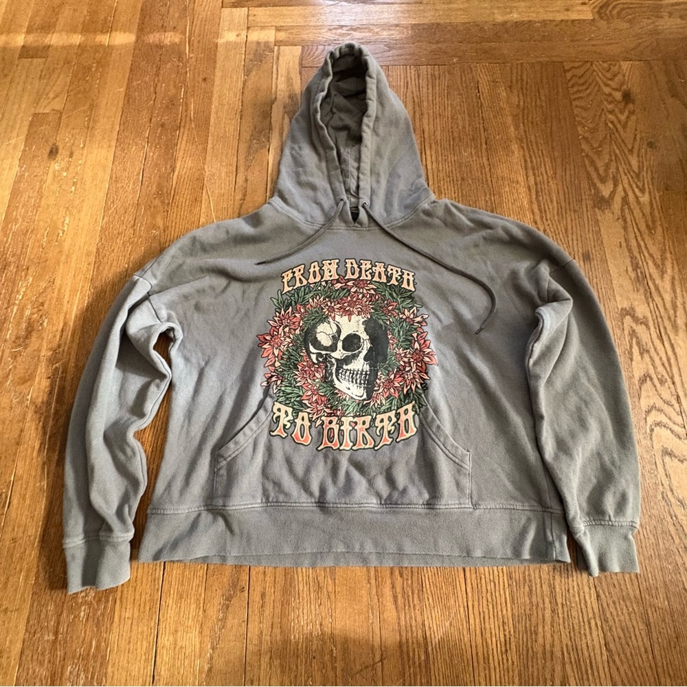 EMPYRE "From Death‎ To Birth" Skull Hoodie Sweatshirt Large L Grey Floral